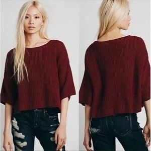 Free People Ryanne Boxy Pullover Burgundy Red Chunky Knit Cropped Sweater